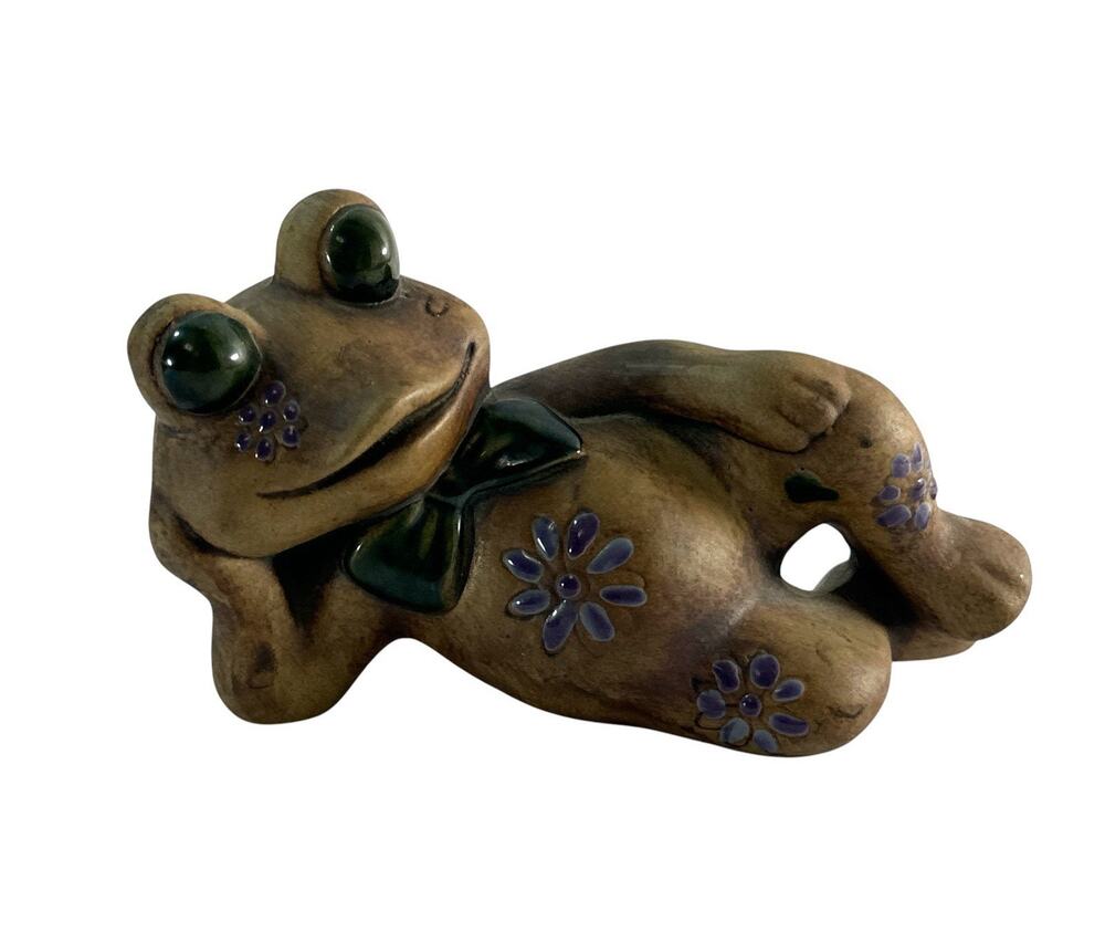 Vintage USA Art Pottery Frog Figurine Reclining Purple Flowers 6” Retro